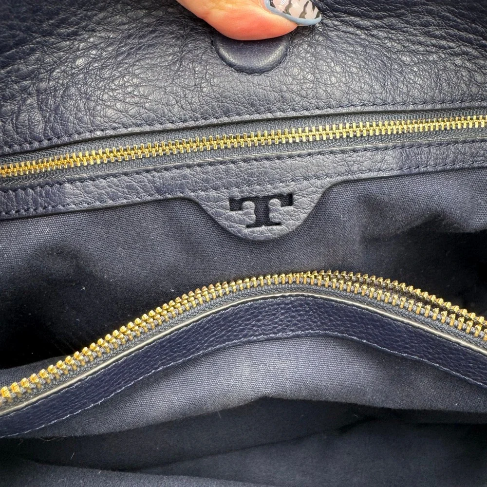 Tory Burch Colorblock Pebbled Leather Crossbody Bag Gold Logo Buckle Blue Brown